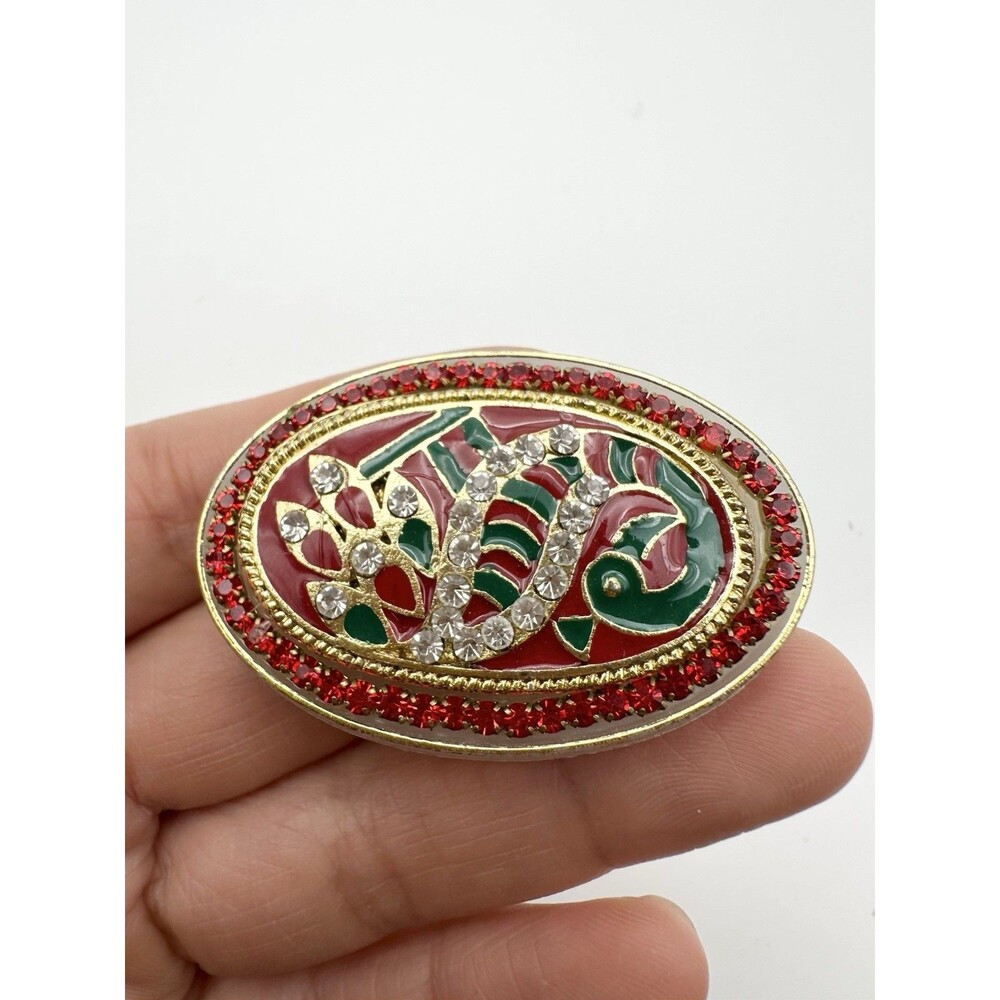 Vintage Enamel Peacock Brooch Pin Rhinestone Oval Christmas Color